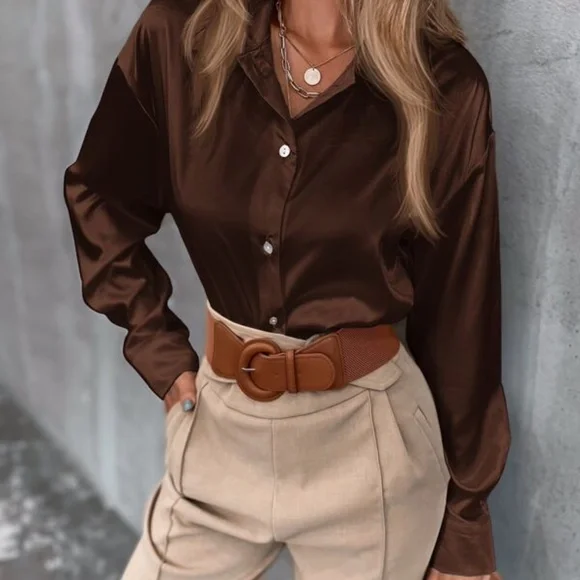 Black Classic button up Satin Boyfriend Work Top Minimalist - Picture 4 of 16